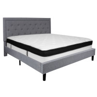 Flash Furniture SL-BMF-28-GG Roxbury King Size Tufted Upholstered Platform Bed in Light Gray Fabric with Memory Foam Mattress